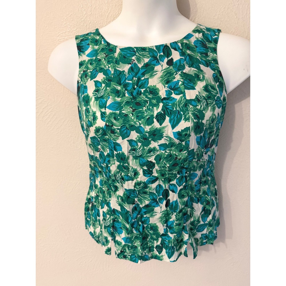 Boden Women Green Teal Leaf Floral Print Sleeveless Button Back Shell Top US 4